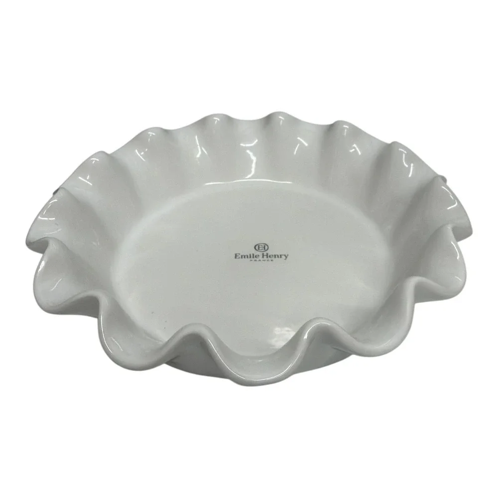 Emile Henry France White Ruffled Ceramic Deep Pie Dish 10.5